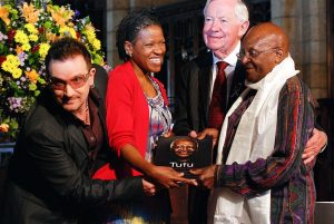 Cape Town, South Africa - October 6, 2011: The Arch Bishop Emeritus Desmond Tutu with Bono at his official book launch , St George's Cathedral 2011