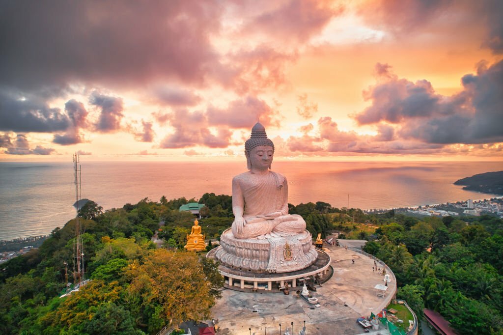 High angle view of the Big Buddha in the evening various colors of the sky It's almost dusk, Phuket, Thailand.
