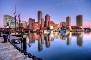 Downtown Boston Skyline along the Boston Harbor Waterfront.
