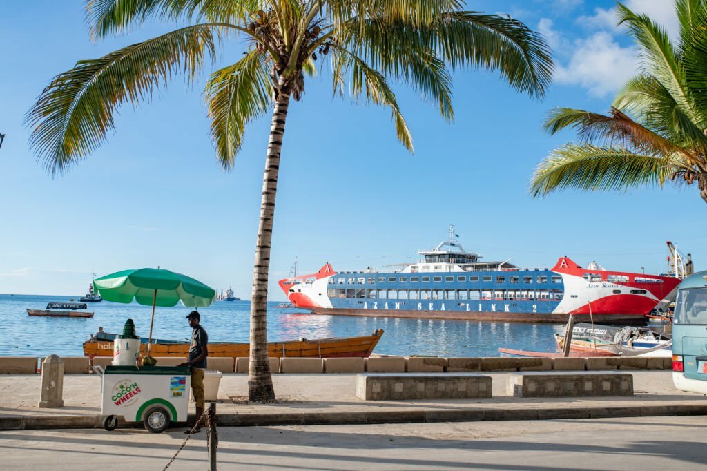 big ferry boat at the pier of Stonetown Zanzibar