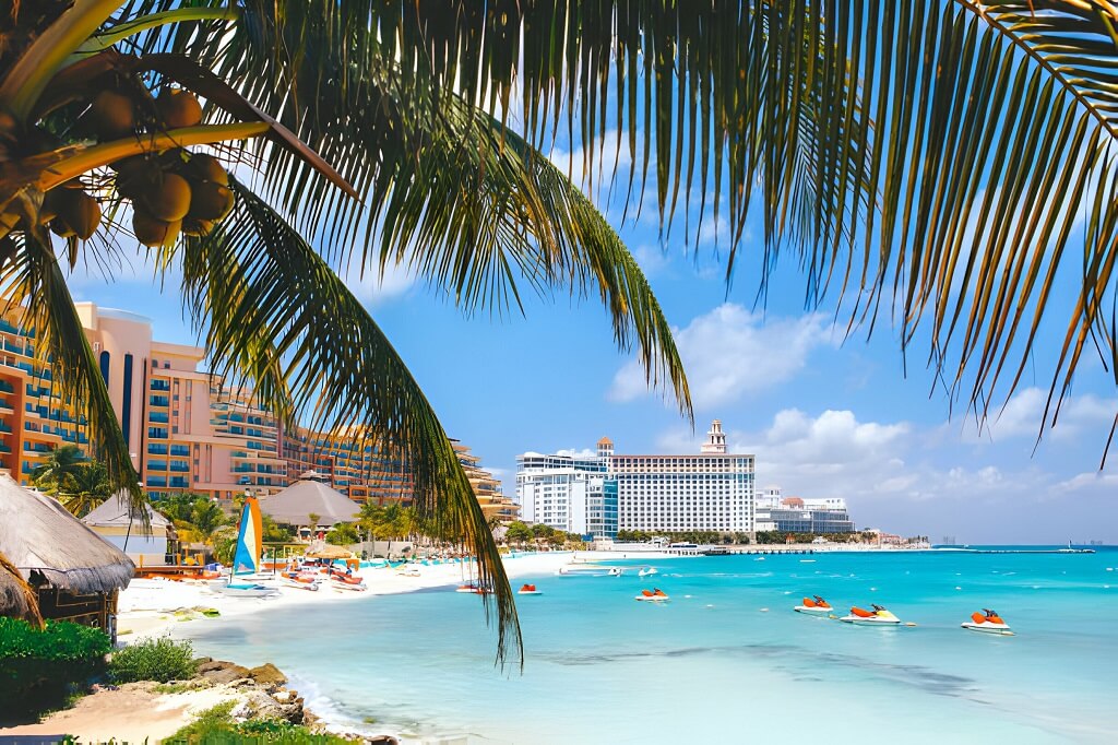 Beach With Hotels And Palm Tree