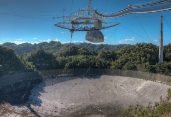Arecibo Observatory radio telescope in Puerto Rico as seen from the observation deck.