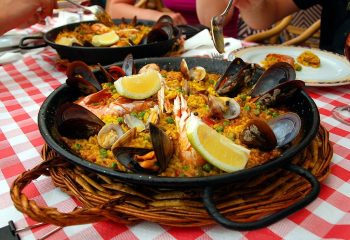 Spanish paella with seafood in a pan